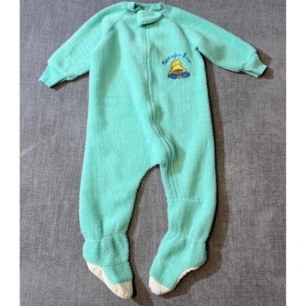 Vintage Paddington Bear Fleece Footed Pajamas Mint Green Made in USA Size 2T